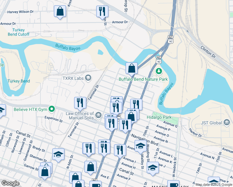 map of restaurants, bars, coffee shops, grocery stores, and more near 6716 Avenue South in Houston