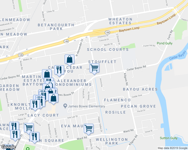 map of restaurants, bars, coffee shops, grocery stores, and more near 2110 James Bowie Drive in Baytown