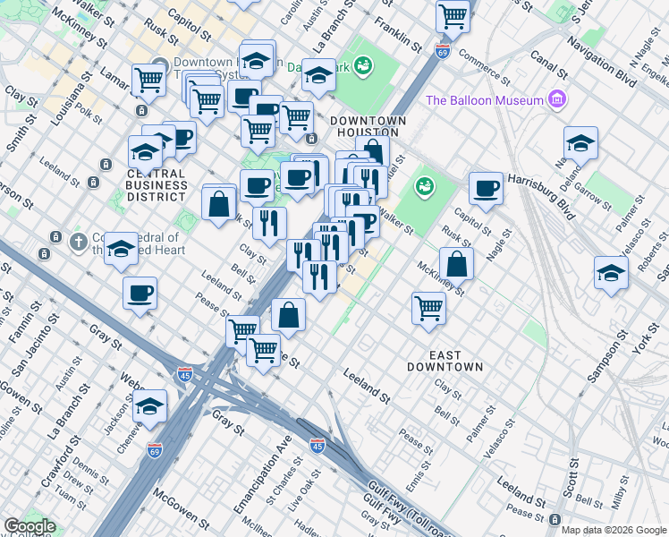 map of restaurants, bars, coffee shops, grocery stores, and more near 2106 Dallas Street in Houston