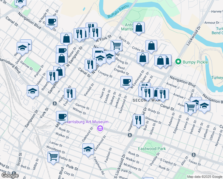 map of restaurants, bars, coffee shops, grocery stores, and more near 2 Estelle Street in Houston