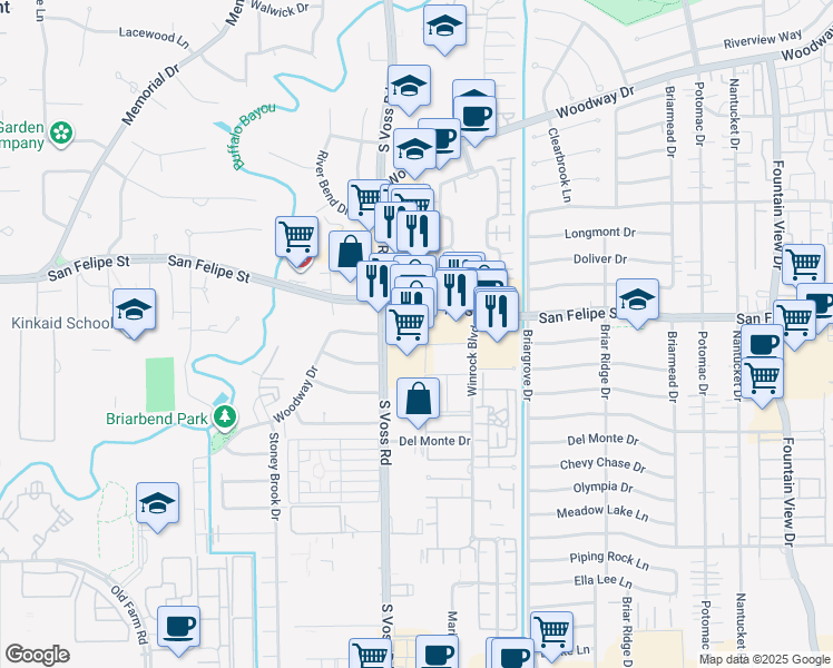 map of restaurants, bars, coffee shops, grocery stores, and more near 1805 South Voss Road in Houston