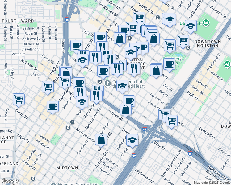 map of restaurants, bars, coffee shops, grocery stores, and more near 1115 Saint Joseph Parkway in Houston