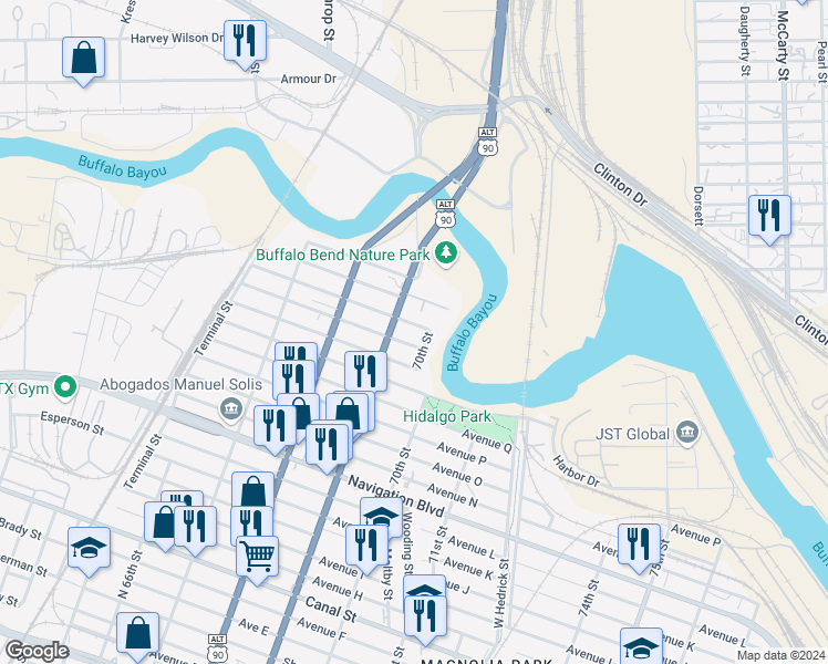 map of restaurants, bars, coffee shops, grocery stores, and more near 6914 Avenue U in Houston