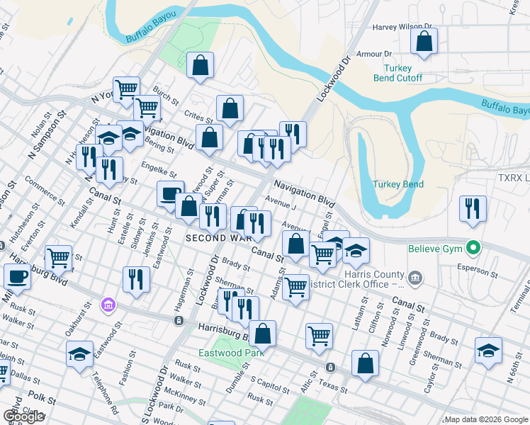map of restaurants, bars, coffee shops, grocery stores, and more near 327 North Stiles Street in Houston