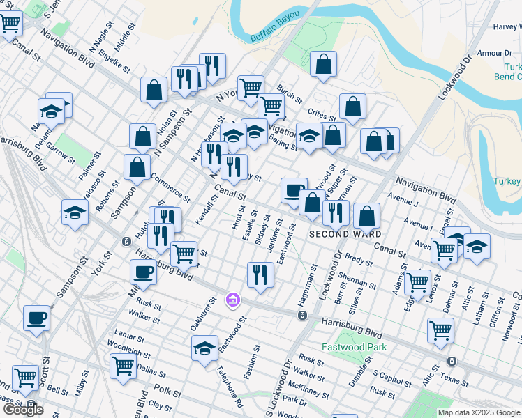 map of restaurants, bars, coffee shops, grocery stores, and more near 2 Estelle Street in Houston