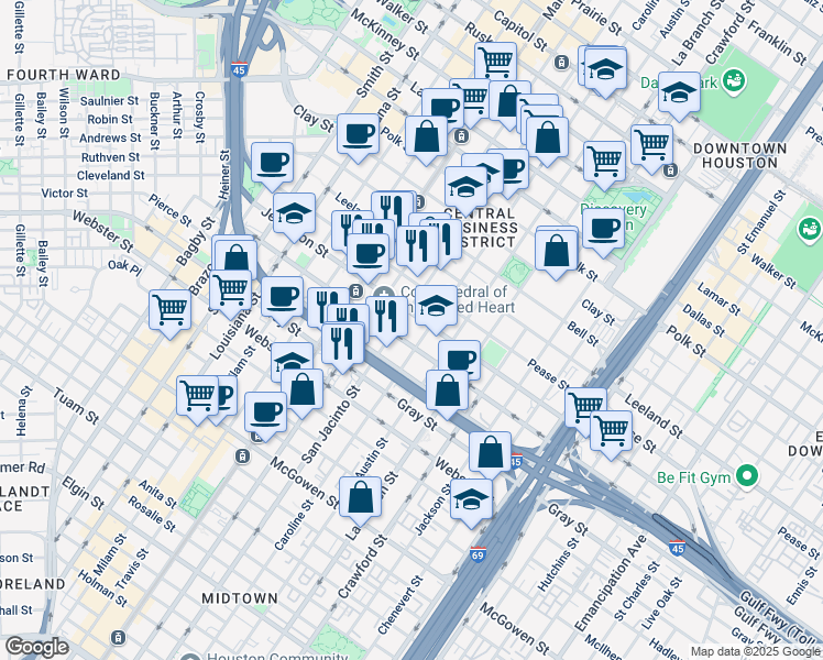 map of restaurants, bars, coffee shops, grocery stores, and more near 1115 Saint Joseph Parkway in Houston