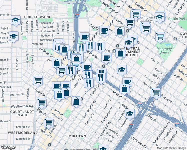 map of restaurants, bars, coffee shops, grocery stores, and more near in Houston