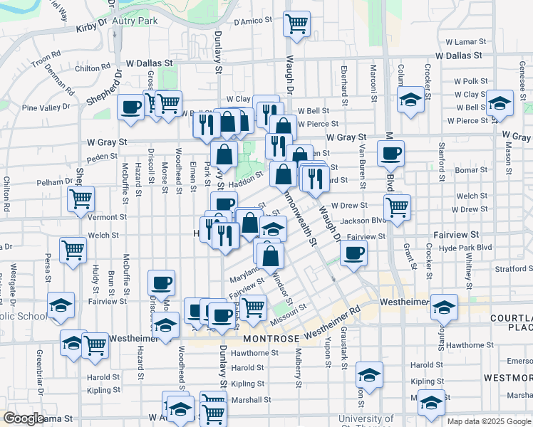 map of restaurants, bars, coffee shops, grocery stores, and more near 1605 Vermont Street in Houston
