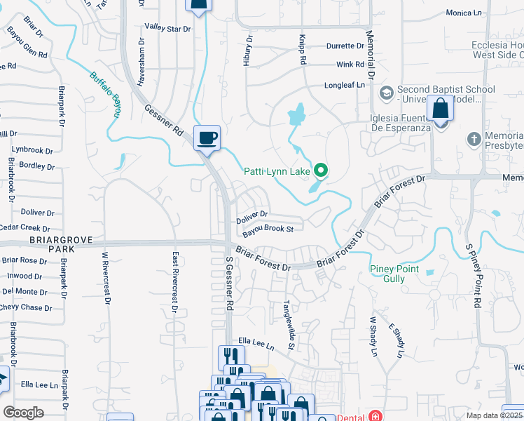 map of restaurants, bars, coffee shops, grocery stores, and more near 9594 Doliver Drive in Houston