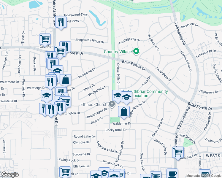 map of restaurants, bars, coffee shops, grocery stores, and more near 1711 Shannon Valley Drive in Houston