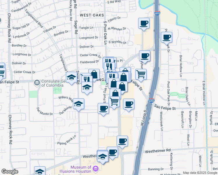 map of restaurants, bars, coffee shops, grocery stores, and more near 1719 Post Oak Boulevard in Houston