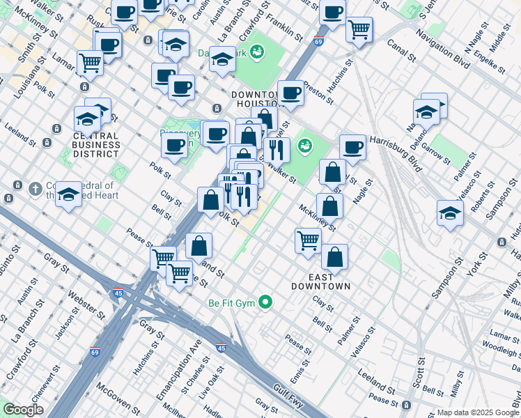 map of restaurants, bars, coffee shops, grocery stores, and more near 2210 Lamar St in Houston