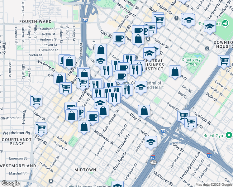 map of restaurants, bars, coffee shops, grocery stores, and more near 1825 San Jacinto Street in Houston