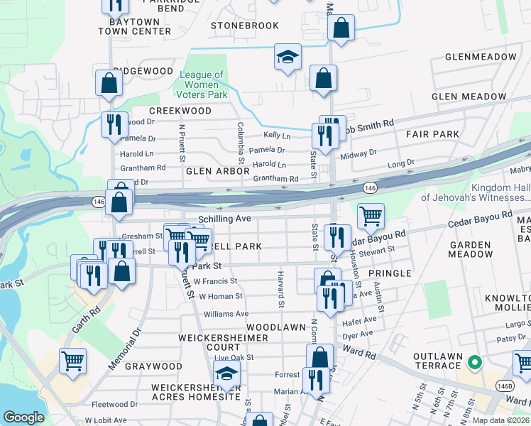 map of restaurants, bars, coffee shops, grocery stores, and more near 216 Schilling Avenue in Baytown