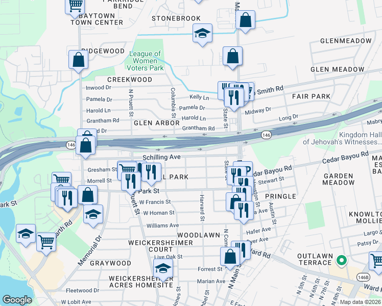 map of restaurants, bars, coffee shops, grocery stores, and more near 216 Schilling Avenue in Baytown