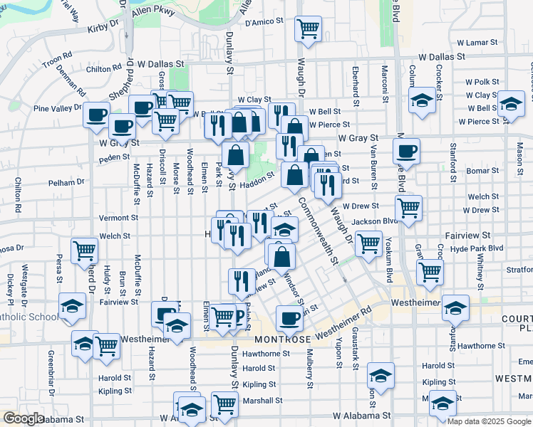 map of restaurants, bars, coffee shops, grocery stores, and more near 1605 Vermont Street in Houston