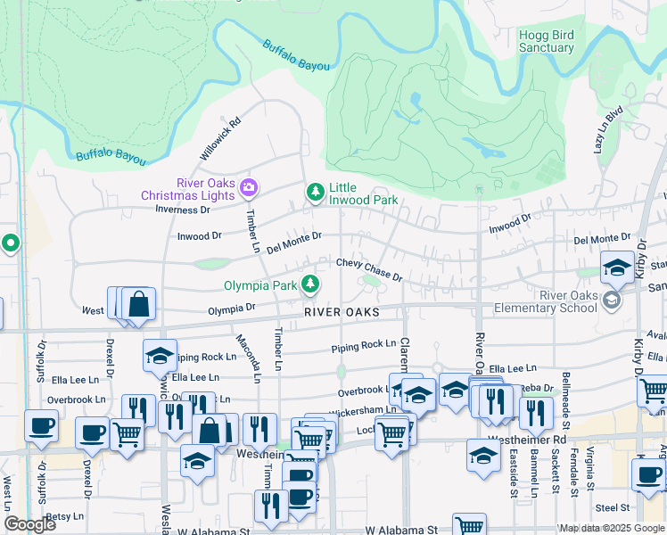 map of restaurants, bars, coffee shops, grocery stores, and more near 3501 Chevy Chase Drive in Houston
