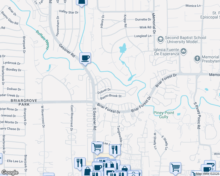 map of restaurants, bars, coffee shops, grocery stores, and more near 9594 Doliver Drive in Houston
