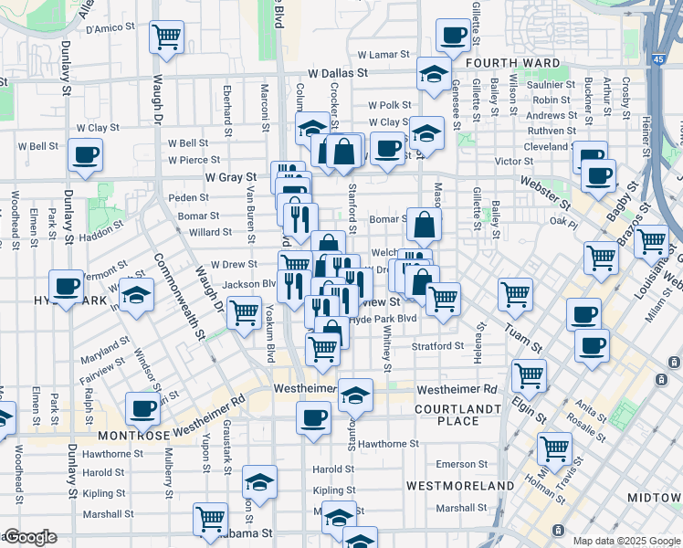 map of restaurants, bars, coffee shops, grocery stores, and more near 716 West Drew Street in Houston