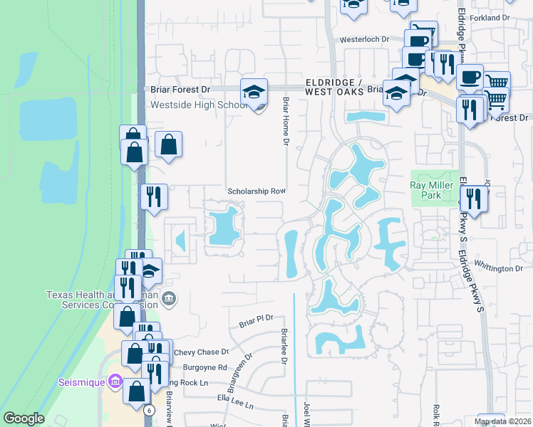 map of restaurants, bars, coffee shops, grocery stores, and more near 14226 Summer Rose Lane in Houston