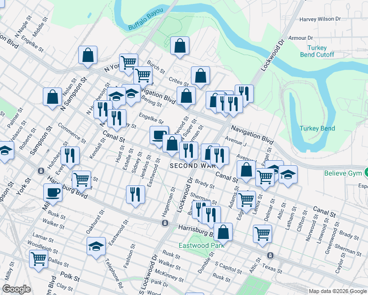 map of restaurants, bars, coffee shops, grocery stores, and more near 128 North Super Street in Houston