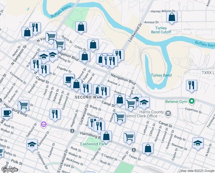 map of restaurants, bars, coffee shops, grocery stores, and more near 327 North Stiles Street in Houston
