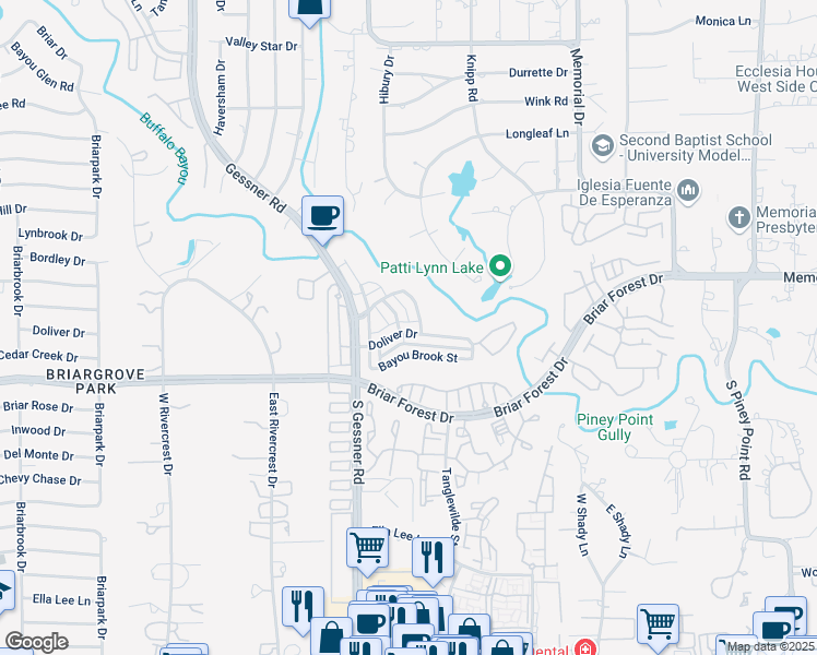 map of restaurants, bars, coffee shops, grocery stores, and more near 9594 Doliver Drive in Houston