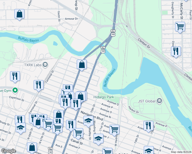 map of restaurants, bars, coffee shops, grocery stores, and more near 6914 Avenue U in Houston