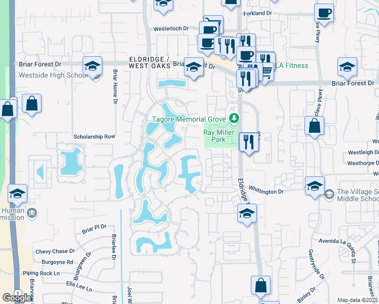 map of restaurants, bars, coffee shops, grocery stores, and more near 13611 Neils Branch Dr in Houston