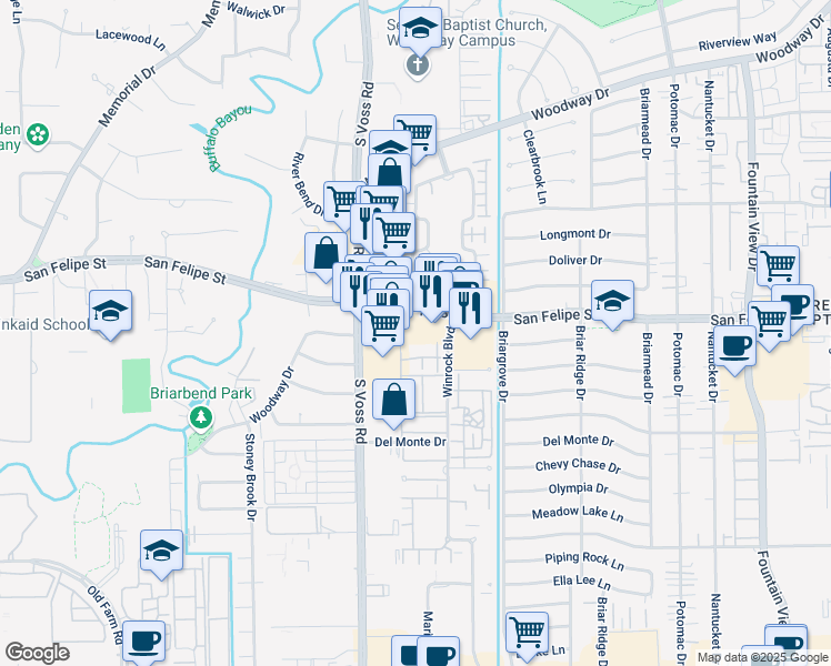 map of restaurants, bars, coffee shops, grocery stores, and more near 6425 San Felipe Street in Houston