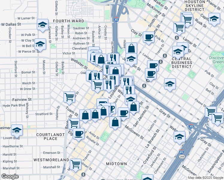map of restaurants, bars, coffee shops, grocery stores, and more near 2203 Louisiana Street in Houston