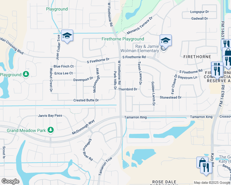 map of restaurants, bars, coffee shops, grocery stores, and more near 2843 Park Hills Drive in Katy