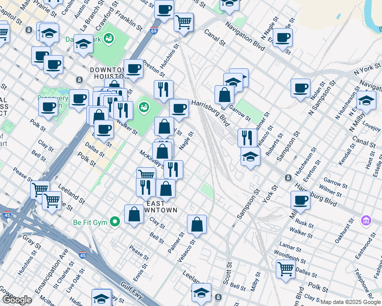 map of restaurants, bars, coffee shops, grocery stores, and more near 2707 Rusk Street in Houston