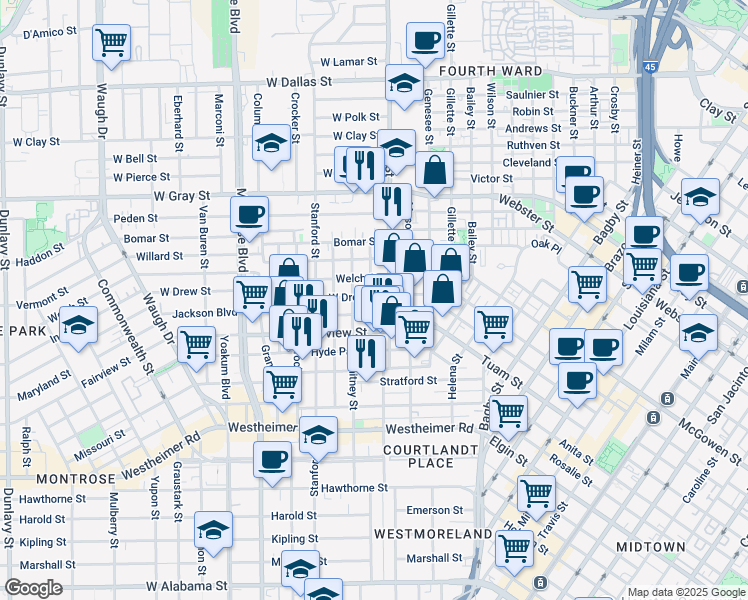 map of restaurants, bars, coffee shops, grocery stores, and more near 323 West Drew Street in Houston