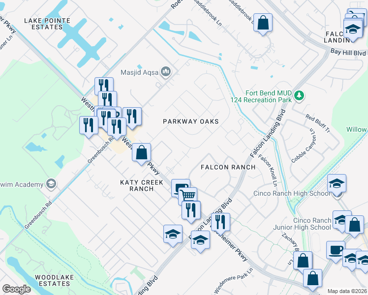 map of restaurants, bars, coffee shops, grocery stores, and more near 25122 Southbriar Lane in Katy