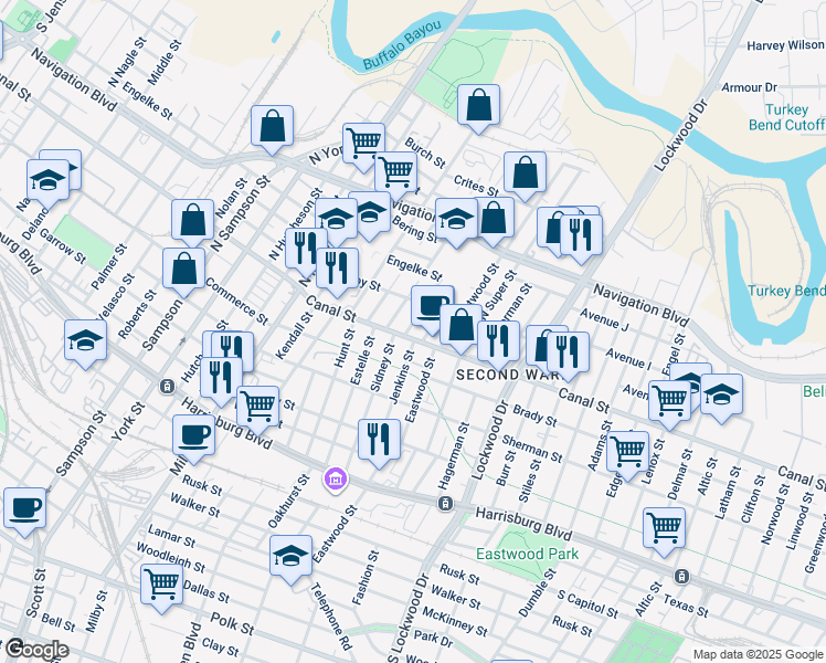 map of restaurants, bars, coffee shops, grocery stores, and more near 105 North Jenkins Street in Houston
