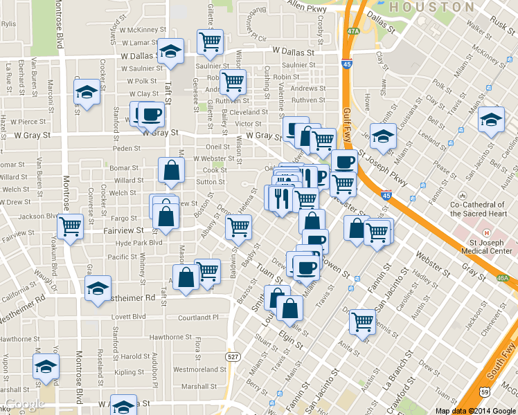 map of restaurants, bars, coffee shops, grocery stores, and more near 215 McGowen Street in Houston
