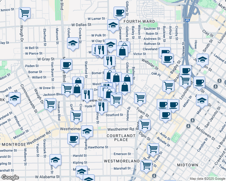 map of restaurants, bars, coffee shops, grocery stores, and more near 2206 Mason Street in Houston