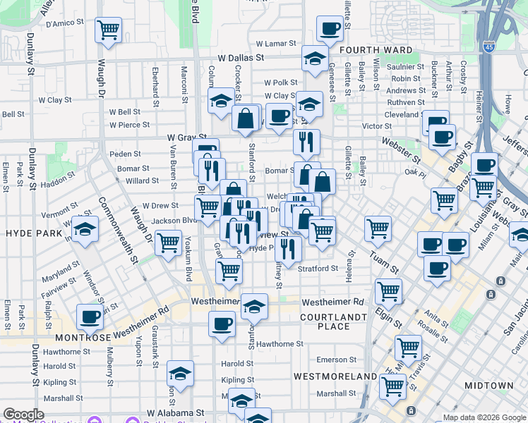 map of restaurants, bars, coffee shops, grocery stores, and more near 2119 Hopkins Street in Houston