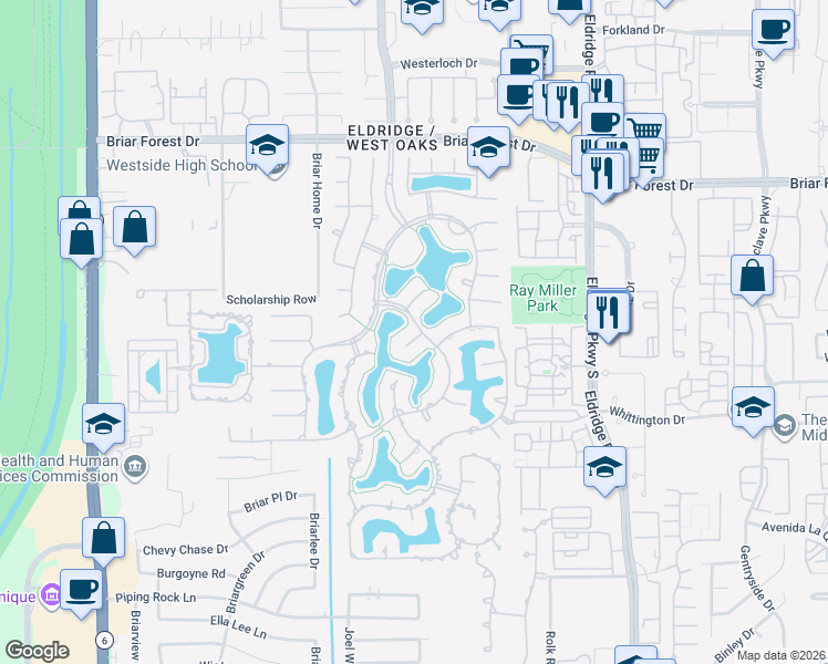 map of restaurants, bars, coffee shops, grocery stores, and more near 1906 Emerald Cove in Houston