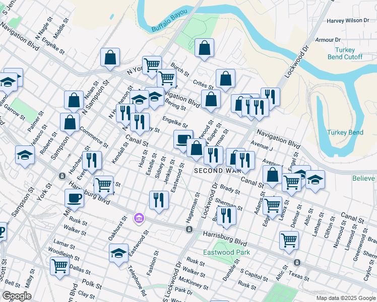 map of restaurants, bars, coffee shops, grocery stores, and more near 113 North Eastwood Street in Houston