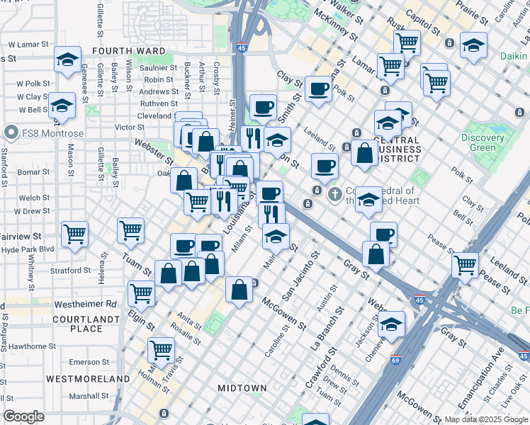 map of restaurants, bars, coffee shops, grocery stores, and more near 2107 Milam Street in Houston
