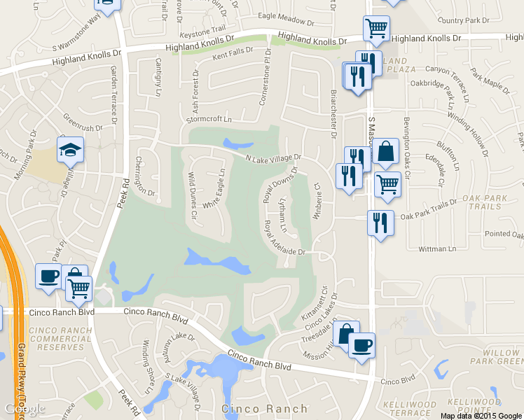 map of restaurants, bars, coffee shops, grocery stores, and more near 2030 Royal Downs Drive in Katy
