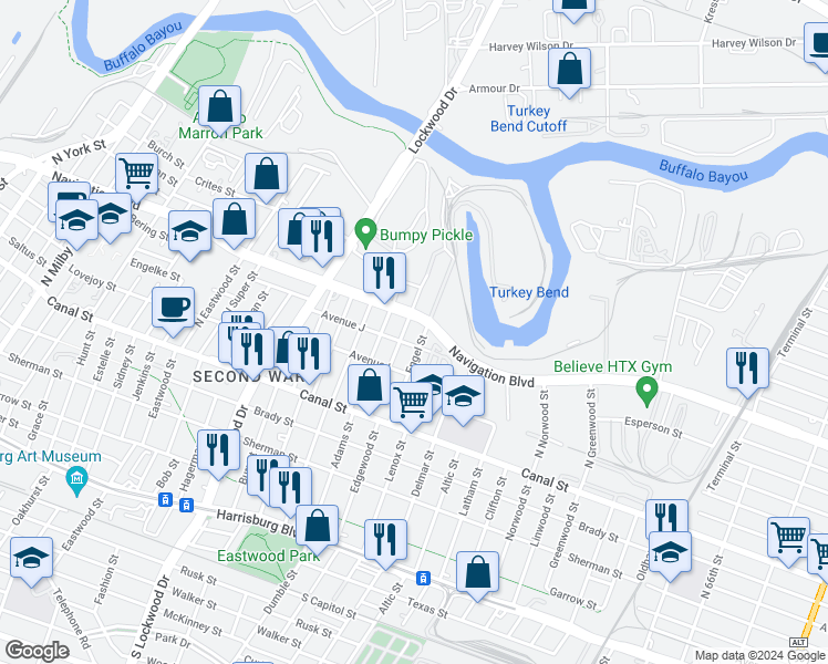 map of restaurants, bars, coffee shops, grocery stores, and more near 5200 Navigation Boulevard in Houston