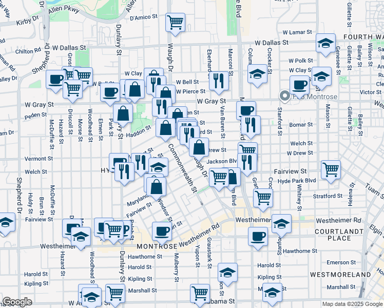 map of restaurants, bars, coffee shops, grocery stores, and more near 1408 Indiana Street in Houston