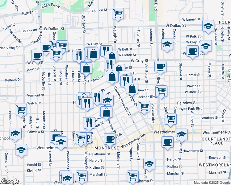 map of restaurants, bars, coffee shops, grocery stores, and more near 1519 Welch Street in Houston