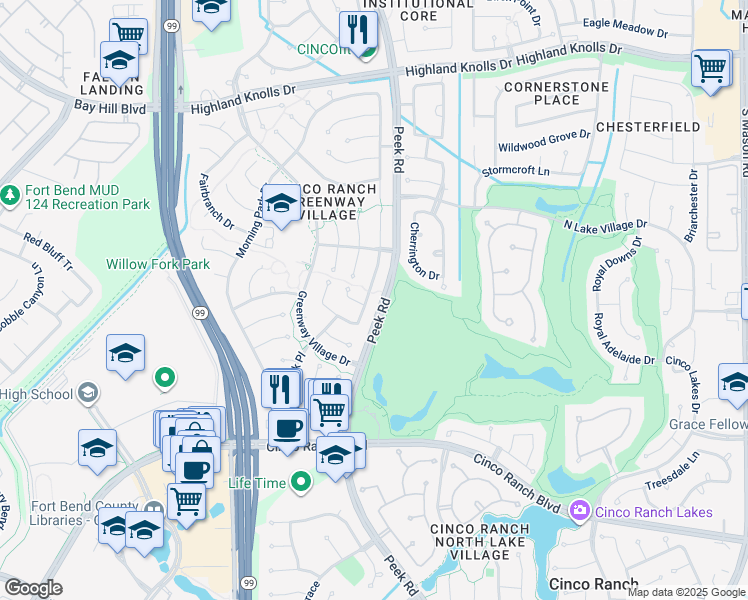 map of restaurants, bars, coffee shops, grocery stores, and more near 2207 Garden Terrace Dr in Katy