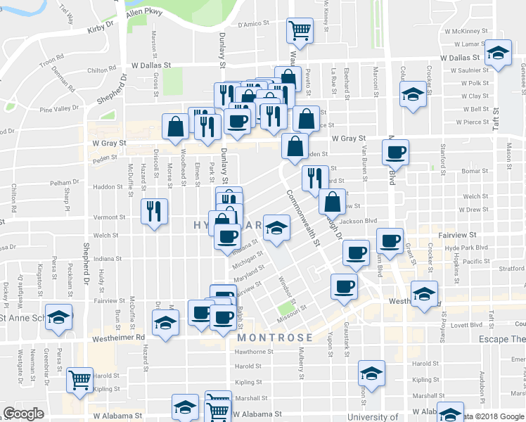 map of restaurants, bars, coffee shops, grocery stores, and more near 1603 Vermont Street in Houston