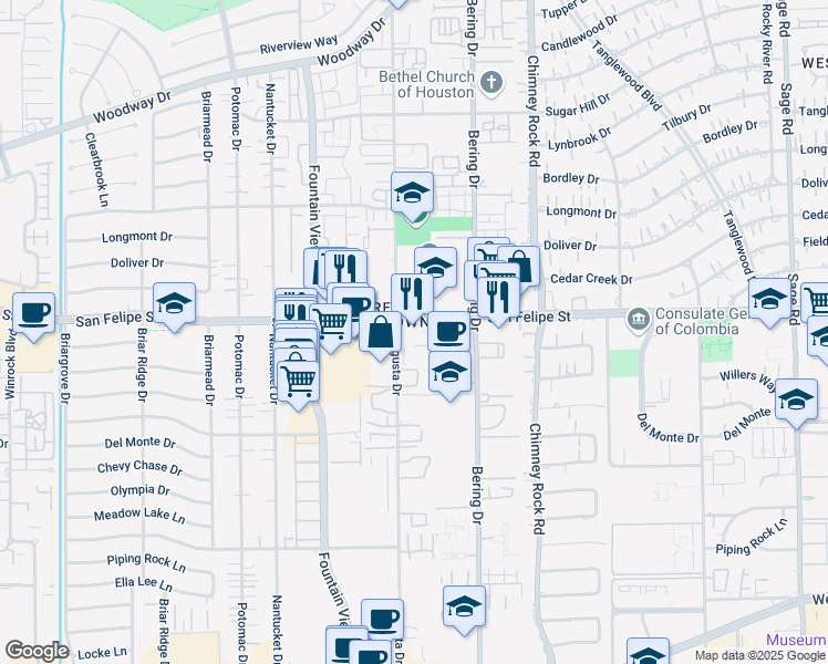 map of restaurants, bars, coffee shops, grocery stores, and more near in Houston