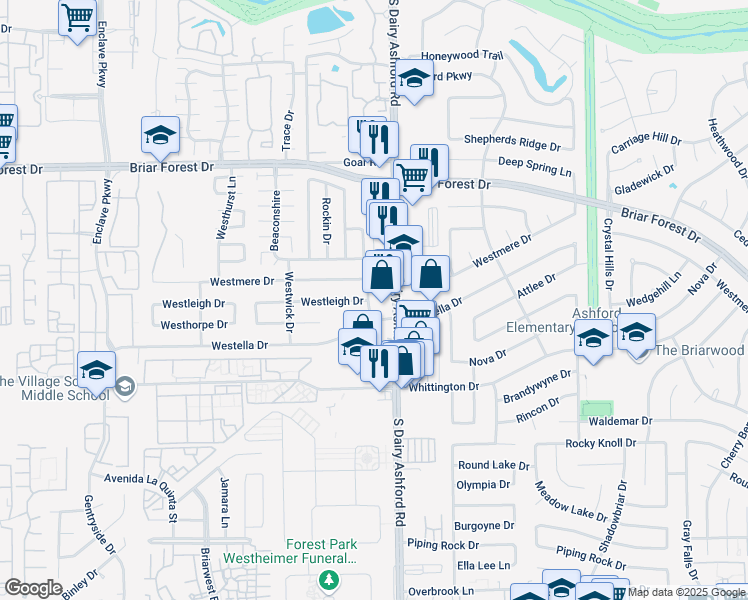 map of restaurants, bars, coffee shops, grocery stores, and more near 1723 Westbranch Drive in Houston